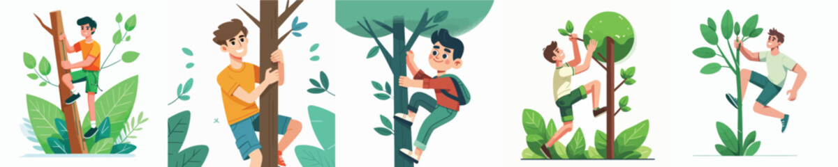 vector young man climbing a tree