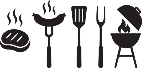 Barbecue Icon Set Silhouette Steak, Sausage, Spatula, Fork, and Grill Symbol Vector Illustration