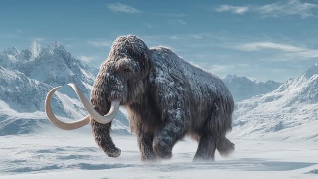 A woolly mammoth trudges through a snowy field beneath jagged mountains and pale blue sky. Cold air