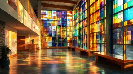 Vibrant stained glass window casting colorful light