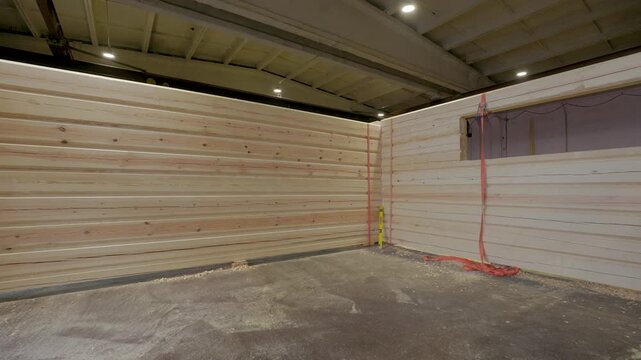 Partially assembled wooden cabin structure inside a workshop, with numbered timber logs, window cutouts, tools, and straps visible. Interior space offers copy space