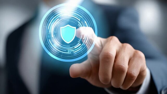 Cyber Shield: A close-up of a hand pointing towards a glowing security shield, symbolizing the protection of digital information and systems.