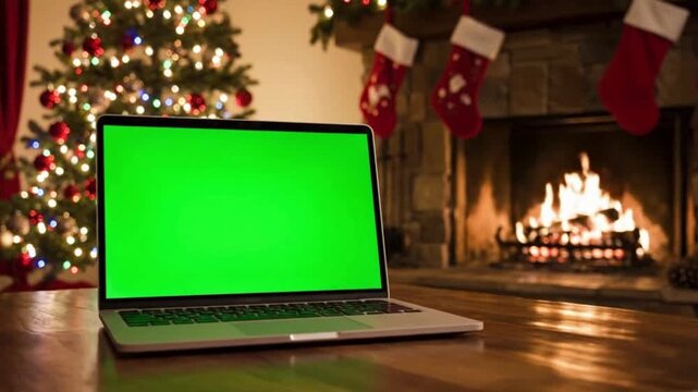 Laptop with green screen in cozy living room with Christmas tree and fireplace in warm lighting for holiday marketing HD & 4K stock video Royalty-free footage Best trending