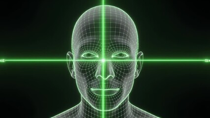 Cinematic dark 3D render of a human head transforming into a futuristic green wireframe scanning interface for biometric identification. - Powered by Adobe