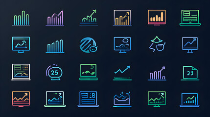 A collection of colorful business icons on a dark background representing data analysis and finance