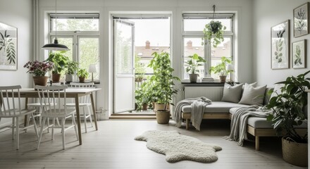 Fototapeta premium Bright and Airy Scandinavian Living Room with Dining Area, Lush Indoor Plants, Balcony, and Natural Light, Featuring Light Wood Furniture and Botanical Wall Art