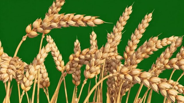 4K animation of wheat ears swaying in summer breeze isolated against a chroma key green screen background.