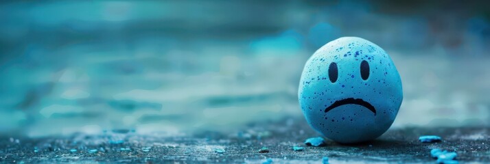 Blue monday concept with sad face on blue background for emotional design. Horizontal banner. Copy space. Saddest, depressing day. Seasonal depression, mental health concept