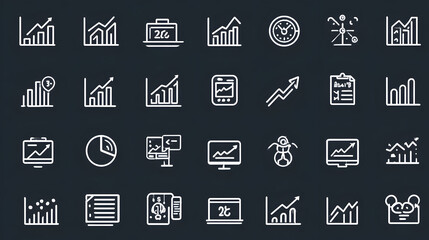 A collection of white business and finance icons on a dark background, including graphs, charts, and statistics.