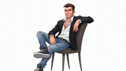 A confident gangster cartoon character posing stylishly on a chair, dressed in a smart jacket and ripped jeans