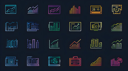 A collection of colorful business icons on a dark background, representing finance and growth.