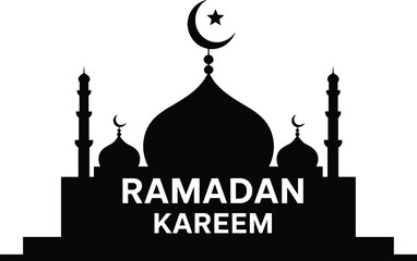 Ramadan Kareem mosque silhouette vector illustration, Islamic architecture, crescent moon and star, religious celebration, holy month design, stock graphic artwork