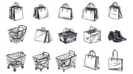 Unique shopping vector icon set available in both color and monochrome styles. 