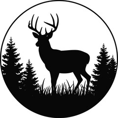 Deer in forest silhouette vector illustration, circular emblem design, wildlife scene, antlered animal, nature artwork, black and white graphic, stock asset