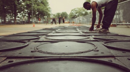 Medium shot of modular drainage units being assembled and positioned on a court surface showcasing interlocking designs for efficient installation and effective rainwater runoff.