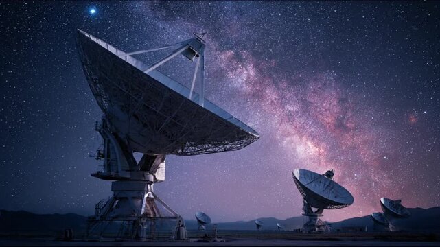 Massive radio dishes silhouette beneath a starry sky, Milky Way glowing, antennas poised, silent UV