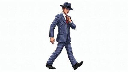 Gangster Cartoon Character Walking Confidently In A Suit And Hat