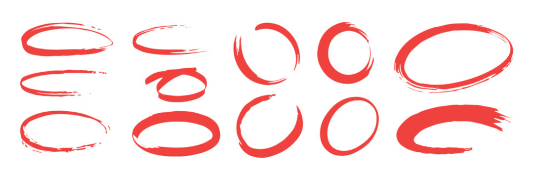 circle red hand drawn brushstroke set of twelve rings for design use