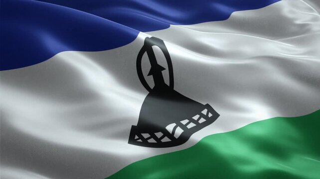 National flag of Lesotho waving in a seamless loop with black Mokorotlo hat on blue white and green tricolor
