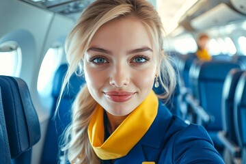 A woman in a blue uniform is taking a selfie on an airplane