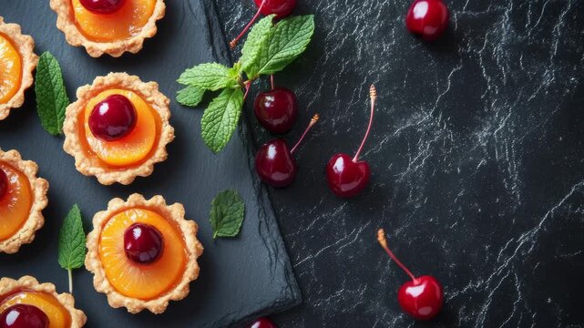 Delicious display of cherry tartlets: top view on black marble background
