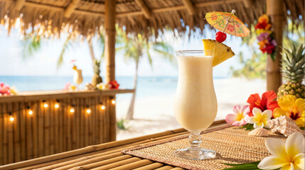 Pina colada in hurricane glass with pineapple and cherry, tropical tiki bar setting, bamboo decorations, fairy lights, beach resort atmosphere, creamy texture, colorful umbrella garnish, vacation