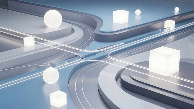 Dynamic digital network system with illuminated spheres and cubes on an abstract technological pathway, representing data exchange and modern infrastructure - Powered by Adobe