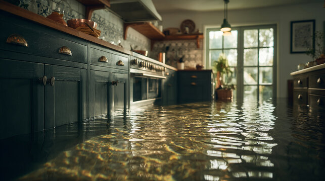 A kitchen with dark cabinets and a flooded floor with water reflecting light from a window