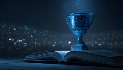 Futuristic night scene of digitized trophy emerging from open book