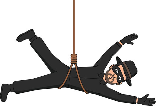 Burglar or thief character in black mask and hat hanging from a rope during a heist mission for crime security and robbery concept.