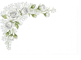 Gentle watercolor baby&rsquo;s breath and white rose corner composition isolated on white background.png