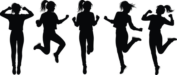 Silhouettes of person with ponytail in jumping and standing poses, black figures, expressive motion, white background, movement and energy illustration