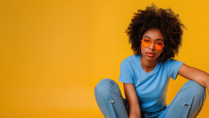 Young woman in orange sunglasses sitting on yellow background. Summer fashion lifestyle concept.