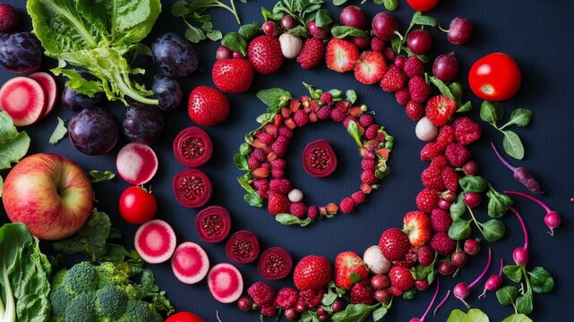 Vibrant kaleidoscope of fresh fruits and vegetables in spiraling patterns