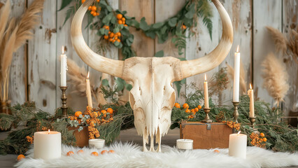 Mounted cow skull with horns and autumn garland. Rustic seasonal decor concept.