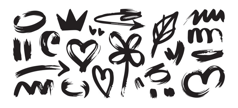 doodle ink brushstroke elements hearts arrows crown clover leaf