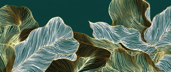 Abstract graphic design of stylized leaves in teal and gold