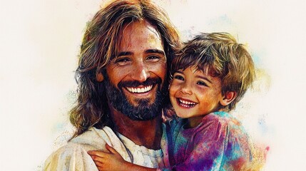 A joyful scene of Jesus embracing a child, created with stunning digital watercolor techniques.