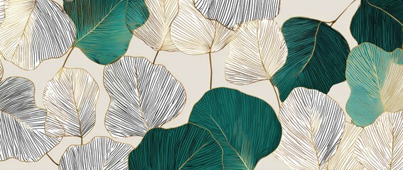 Abstract graphic design of overlapping leaves in teal, cream, and gray with gold accents