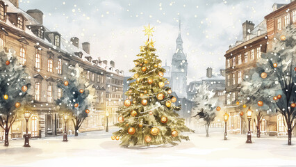 Watercolor city square with Christmas tree and lights. Winter holiday illustration concept.