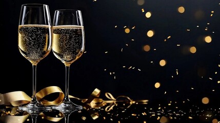 Sparkling wine and champagne glasses on a dark background.
