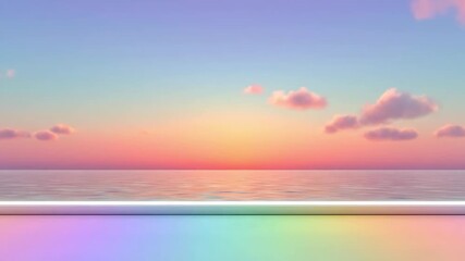 Dreamy pastel sunset over a calm ocean with pink clouds and a rainbow foreground. Ideal for travel blogs, wellness websites, and content about meditation, summer vacations, or serene nature.