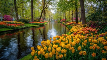 Beautiful canal lined with blooming tulips and trees