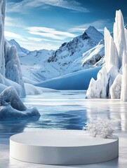 Minimalist design with a glacier pedestal showcases products perfectly.