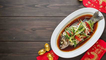 Top View Steamed Fish with Gold Coins and Copy Space