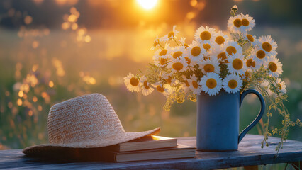 Daisy bouquet at sunset with warm bokeh. Summer evening concept.