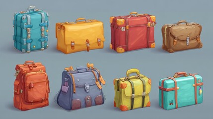 Collection of colorful vintage style suitcases and bags