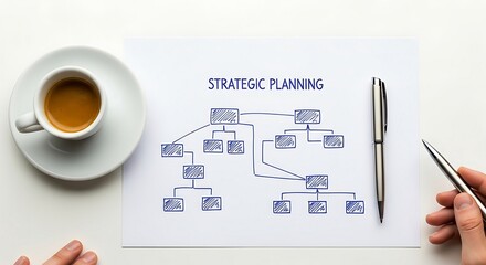 Strategic Planning Flowchart on Paper with Coffee and Pen.