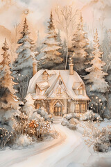 Watercolor chalet in snowy pine forest. Christmas holiday illustration concept.