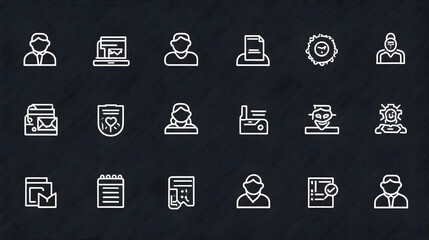 A collection of white icons on a dark background representing various business and technology concepts.